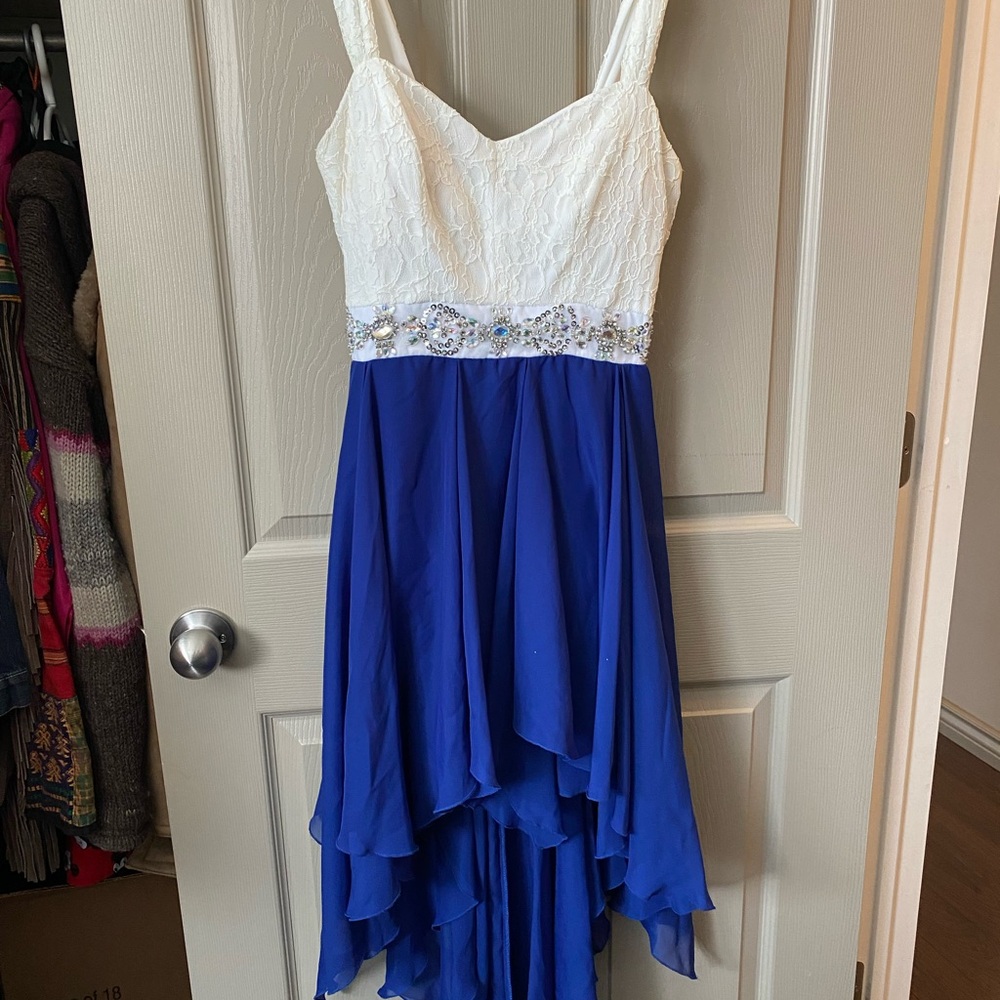 B. Smart White and Blue Dress